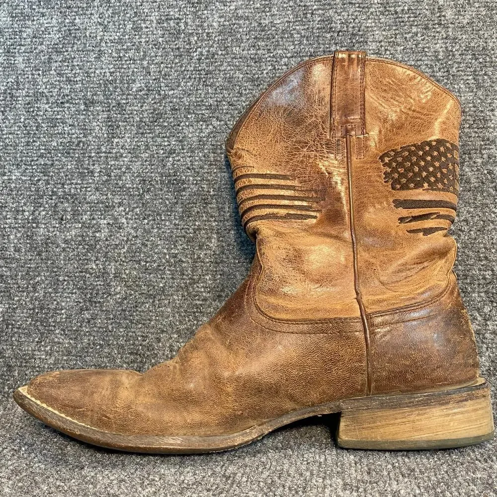 Ariat Mens Leather Western Cowboy Flag Boots Square Toe Size 11 D Rugged